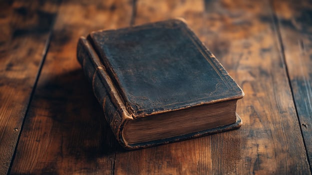 A wellworn, antique leatherbound book sits on a rustic wooden surface. photo