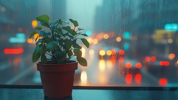A potted plant sits on a windowsill, with a rainy city scene in the background. photo