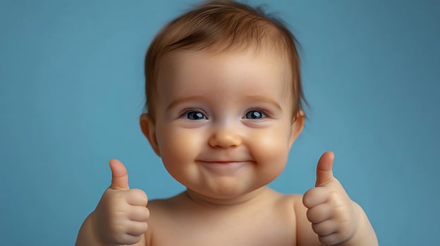 A happy baby with big blue eyes gives a thumbs up on a blue background. photo