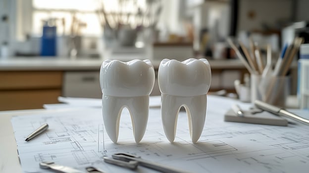 Two white plastic teeth models on a blueprint with dental instruments, closeup. photo