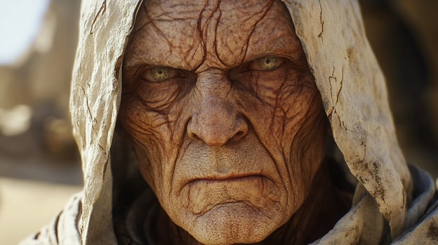Closeup portrait of an old man with a weathered face and piercing yellow eyes. He is wearing a white hooded robe. photo