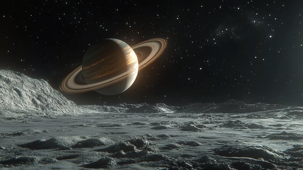 Saturn seen from a moons surface. The planets rings are visible and a field of stars can be seen in the distance. photo