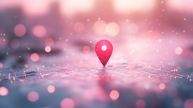 A red map pin stands out on a glowing, abstract background. photo