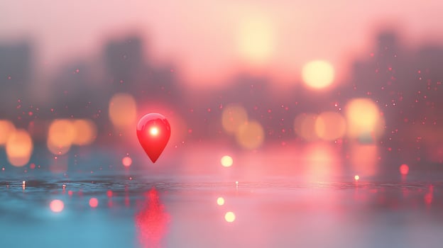 Red pin location marker on a blurred city skyline at sunset. photo