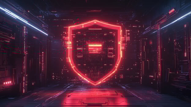 Red glowing shield in futuristic tech environment. photo