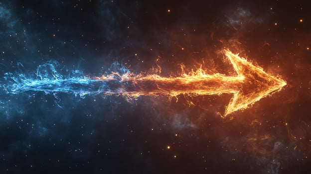 A fiery arrow pointing right, with a blue flame trailing behind it. photo