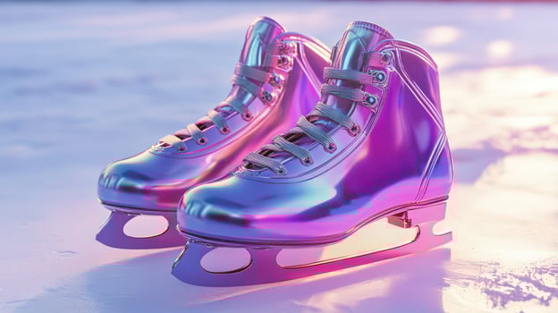 Pair of iridescent ice skates on snowy surface. photo
