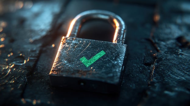 Secure padlock with green checkmark on dark background. photo