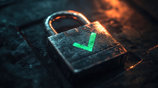 Grungy padlock with green checkmark, signifying security. photo