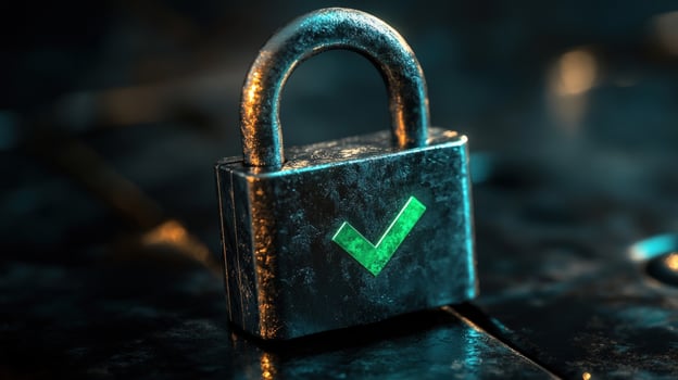 Grungy padlock with green checkmark, signifying security and safety. photo