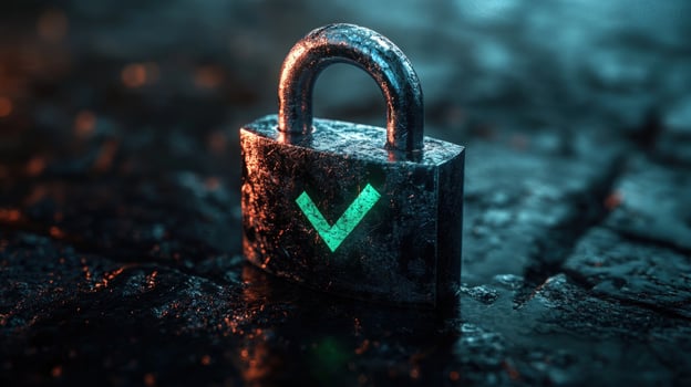 Weathered padlock with glowing checkmark, signifying security and data protection. photo