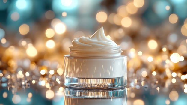 Luxurious face cream in a glass jar on a shimmering background. photo
