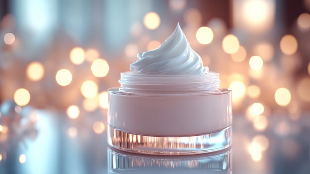 Luxurious cream in a glass jar against a bokeh background. photo