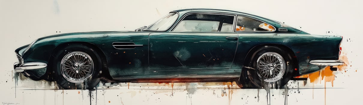 Classic darkgreen coupe, profile view, watercolorstyle art. photo