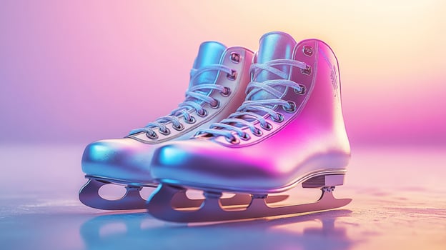 Pair of iridescent ice skates on reflective surface. photo