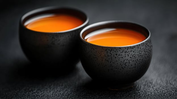 Two dark cups of orange tea on dark surface. photo
