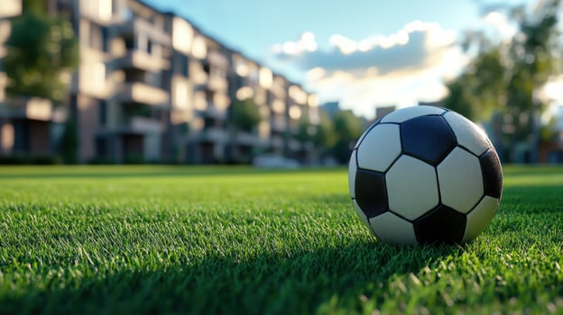Soccer ball on green grass with apartment buildings in background. photo