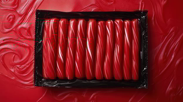 Top view of red twisted candies in a black package on a red background. photo