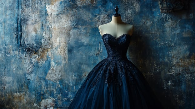 Elegant black ballgown on a mannequin against a textured blue wall photo