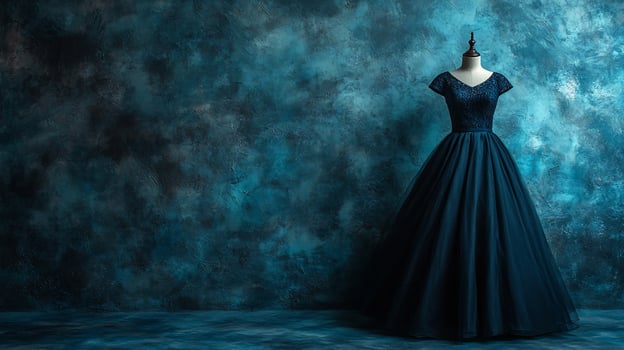 Elegant dark blue ball gown on a mannequin against a textured backdrop photo