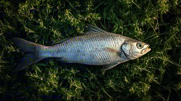 Freshly caught silver fish on green grass. photo