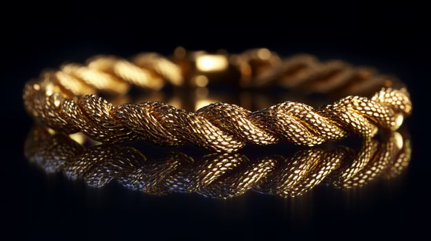 Gold bracelet with twisted, textured design reflected on black surface. photo