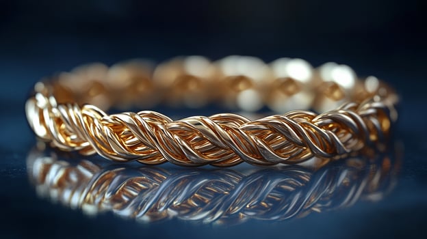 Closeup of a gold braided bracelet reflecting on a dark surface. photo