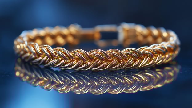 Gold bracelet with braided design reflected on a dark blue surface. photo
