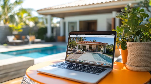 Laptop displaying a house website by a pool. photo