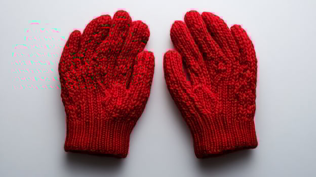 Pair of red knitted gloves on white background. photo