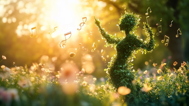 Nature woman figure conducting music in sunset. photo