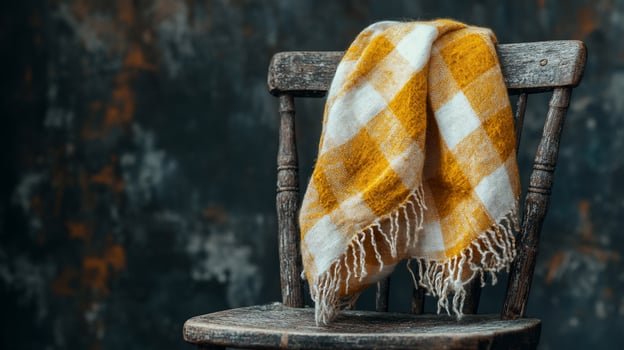 Rustic wooden chair with yellow and white checkered blanket. photo