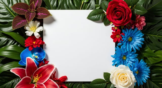A vibrant floral arrangement with red blue and white flowers surrounding a blank white space photo