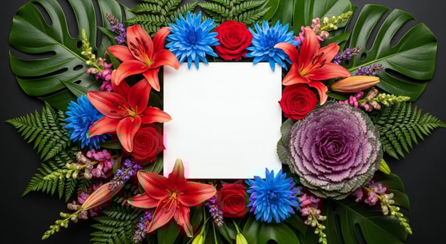 Vibrant floral wreath with red lilies blue dahlias red roses and tropical leaves framing a blank white square photo