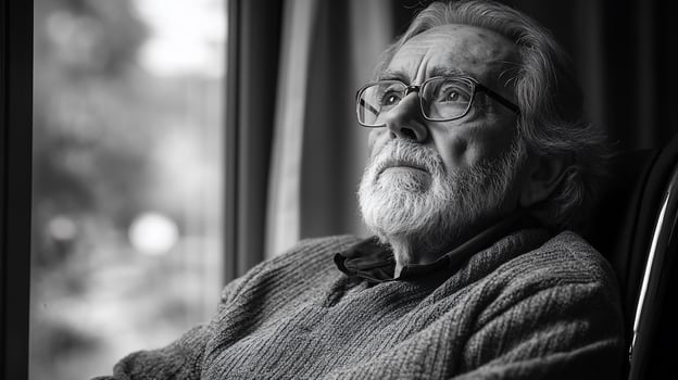 Pensive senior man gazing out window, black and white portrait. photo