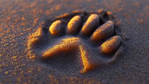 Closeup of a paw print in the sand at sunset. photo