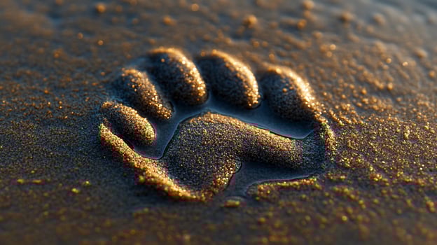 Closeup of a paw print in wet sand at sunset. photo