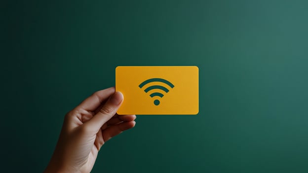 Hand holding yellow card with wifi symbol against green background. photo