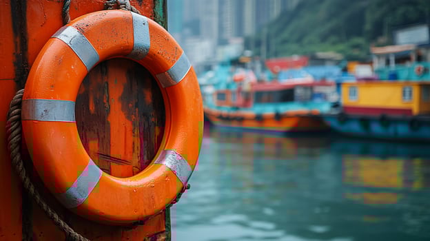 Orange life preserver on a boat in harbor. photo