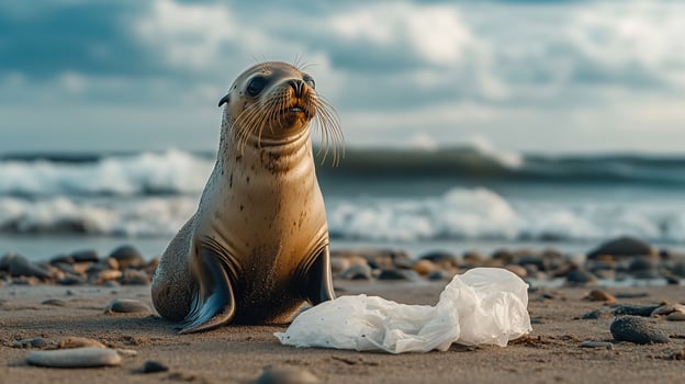 A sea lion sitting on the beach with a plastic bag photo