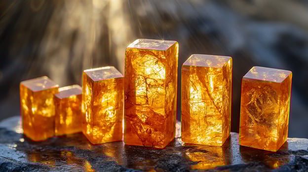 Amberlike crystals arranged on dark stone, backlit. photo