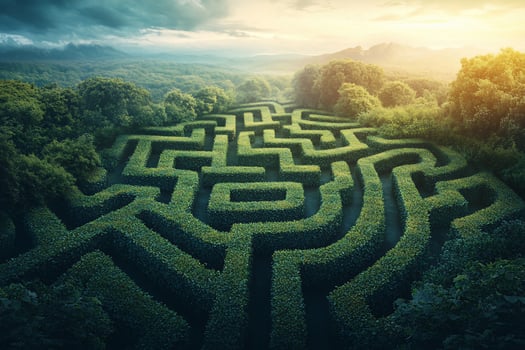 Aerial view of a large green hedge maze in a forest at sunset. photo