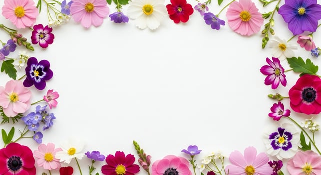 Assortment of pink purple red and white flowers arranged on a white background photo