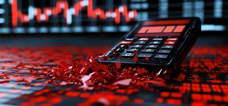 Calculator amidst shattered red fragments against a backdrop of a falling stock market graph. photo