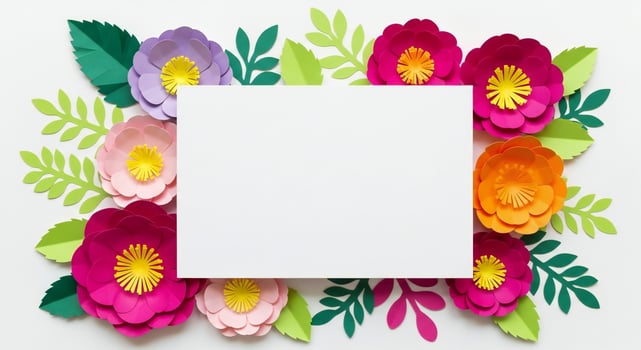 Colorful paper flowers and green leaves arranged around a blank white rectangle photo