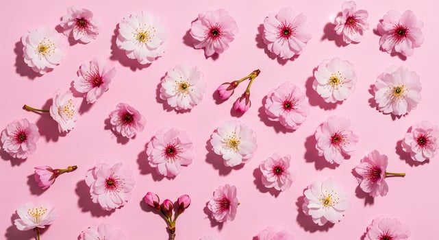 Pink cherry blossoms and buds are scattered across a light pink background with soft shadows photo