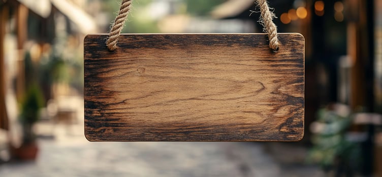 Blank rustic wooden sign hanging outdoors photo