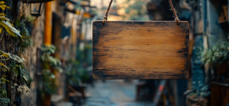 Rustic wooden sign hanging in a quaint alleyway photo