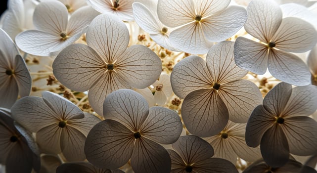 Translucent white hydrangea petals with delicate brown veins illuminated from behind photo