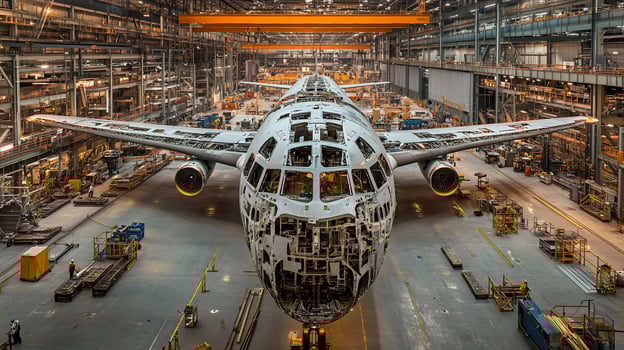 Airplane under construction in a large factory. photo